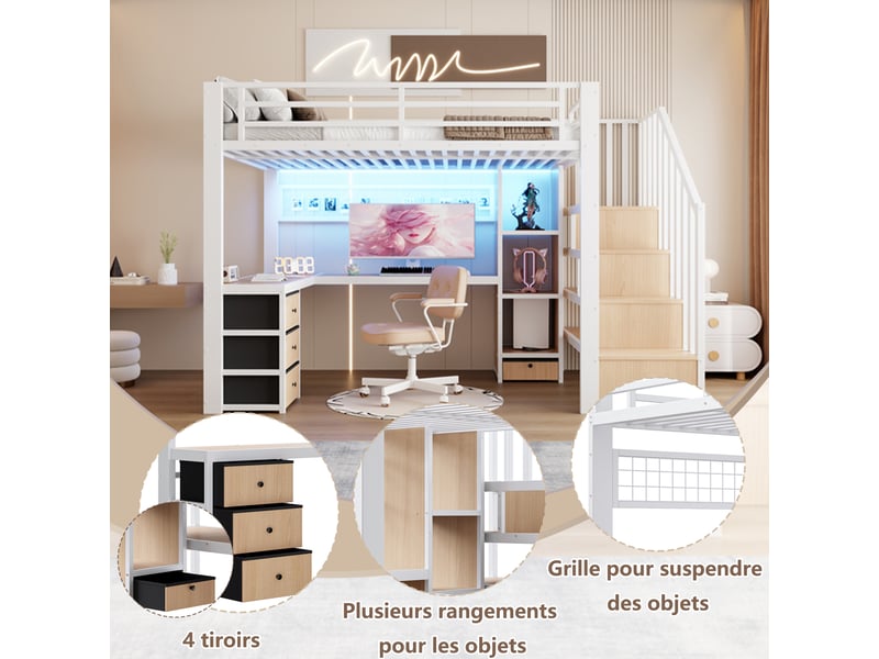  Lit mezzanine enfant 90x200 cm avec bureau, 4 tiroirs, escalier de rangement et éclairage led, cadre métal blanc  - Conforama B