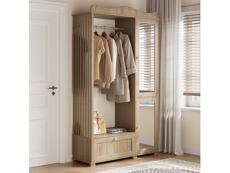  Armoire penderie 115,5x38,5x194,5 cm ouverte, miroir pleine longueur, 2 portes et tiroir, mdf, coloris de chêne  - Conforama E