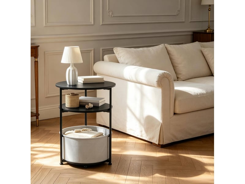  Table d’appoint ronde avec 2 étagères, panier en tissu amovible et pieds réglables pour salon ou chambre, noire  - Conforama D