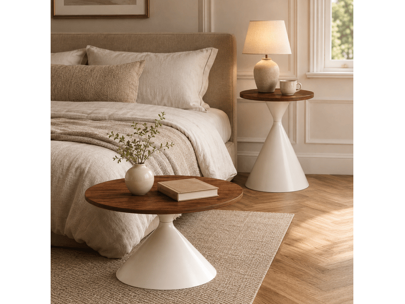 Lot de 2 tables basses rondes en mdf mélaminé bois foncé, pieds acier carbone crème, 70 cm et 50 cm, design moderne - Conforama B