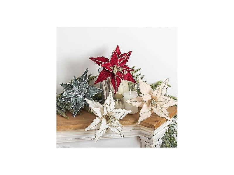 Lot de 2 fleurs artificielles de noël en velours pailleté avec pétales ajustablesvert armée  - Conforama B