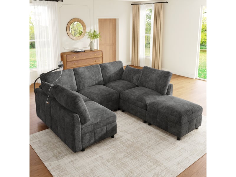  Canapé convertible 218x157x85 cm - usb et usb-c - 6 places - pivotant à 360° - coussins inclus - chenille - assise confortable - blanc CozyNest - Conforama C