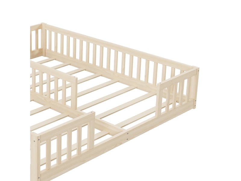  Lot de 2 lits enfant 90x200 cm en pin naturel, sommiers à lattes, barrières de protection, couchages bas, sans matelas  - Conforama E