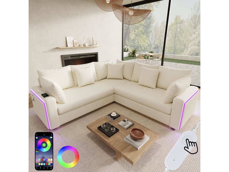  Canapé d'angle 5 places, éclairage led, ports usb et usb-c, velours côtelé, 5 coussins, assise à ressorts pour salon - beige  - Conforama B