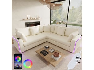 Canapé d'angle 5 places, éclairage led, ports usb et usb-c, velours côtelé, 5 coussins, assise à ressorts pour salon - beige