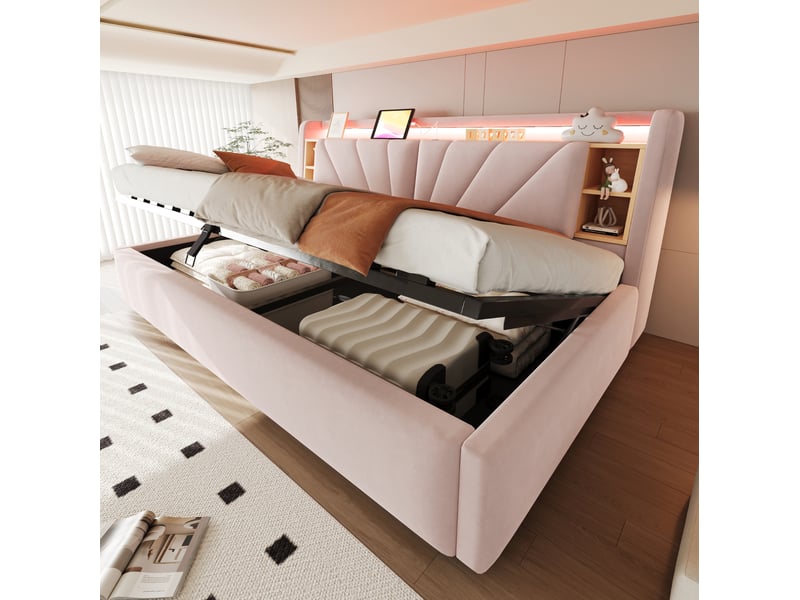  Lit coffre banquette 90x200 cm, rangement hydraulique, dossier avec led et usb, velours rose, sans matelas  - Conforama B