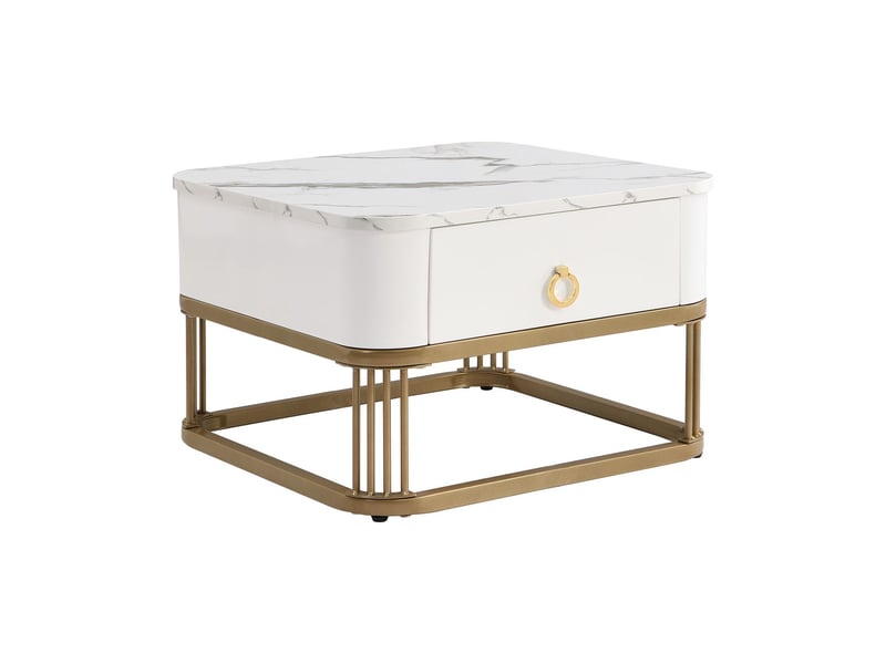 Table basse salon, plateau effet marbre brillant et métal doré, petit modèle avec tiroirs, design empilable deux pièces - Conforama E