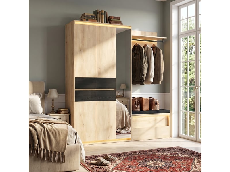  Ensemble armoire et vestiaire avec led et miroir 200x47x200 cm mdf anthracite et chêne  - Conforama R