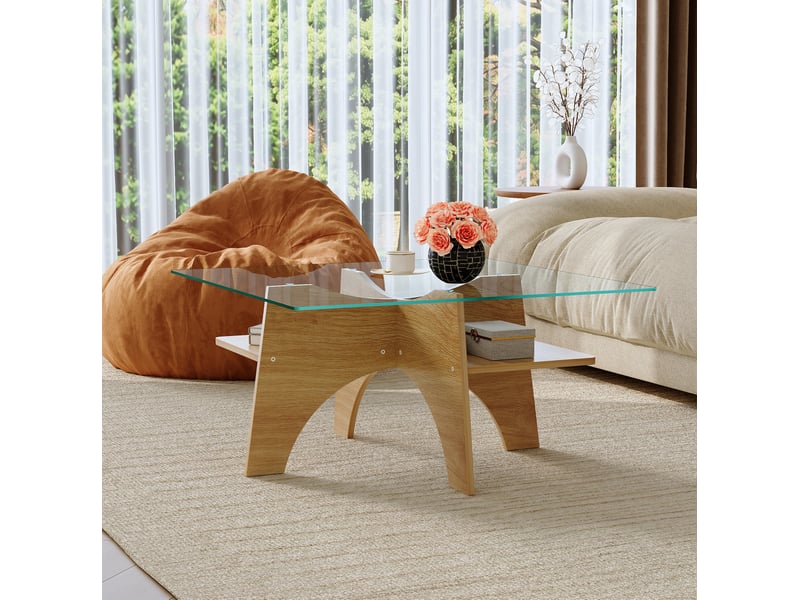  Table basse carrée 80x80x40 cm en verre et mdf bois clair  - Conforama D