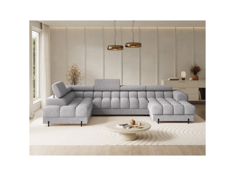  Canapé panoramique convertible gris clair chiné angle gauche feraria 358x93x202cm  - Conforama E