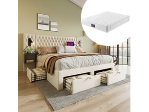 Lit avec rangement 160x200 cm <strong>REDOM</strong>  <strong></strong> coloris beige