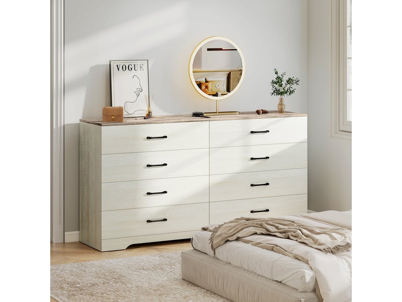  Commode moderne en bois à 8 tiroirs, 140 x 40 x 86 cm, noyer et gris clair  - Conforama C