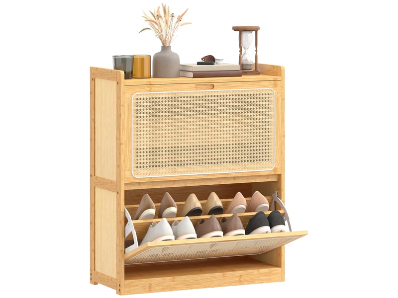 Étagère à chaussures étroite en bambou avec 2 tiroirs rabattables en rotin pour 12 à 14 paires de chaussures, 69 x 29 x 83 cm, naturel - Conforama A