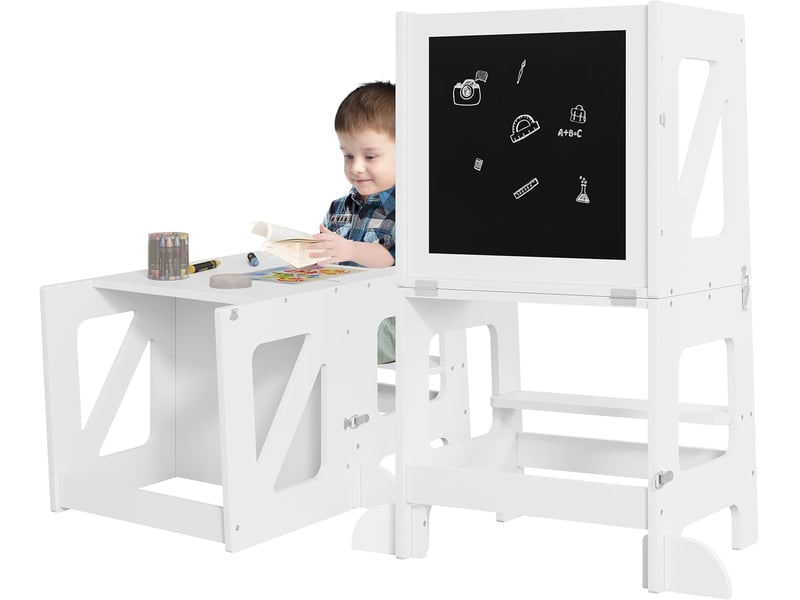 Tour D'apprentissage Montessori WOLTU 3 En 1 Pliable - Pour Enfant à Partir De 12 Mois, Tableau Noir, Barre Sécurité, Blanc