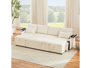 Canapé panoramique 4 places, transformable en lit, avec coussins, en chenille et velours côtelé, coloris beige, l272 x p131 x h84 cm