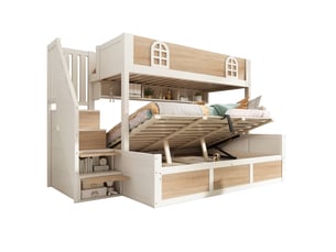 Lit superposé 90x200 et 140x200 cm avec armoire-escalier, blanc, lit enfant avec rangement hydraulique et barrières de sécurité
