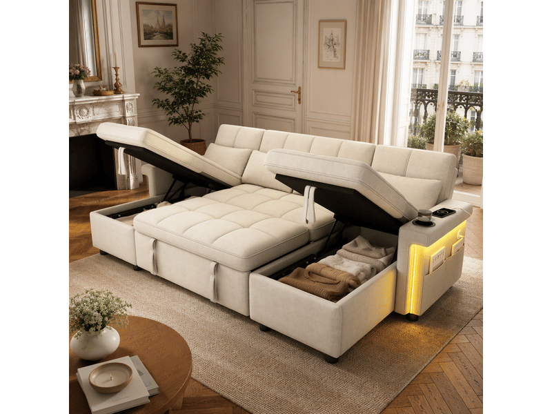  Canapé d’angle u convertible 4 places 268,5x141,5x90 cm, 2 méridiennes coffre, led, usb type-c, dossier réglable, gobelet, poche, chenille, beige  - Conforama D