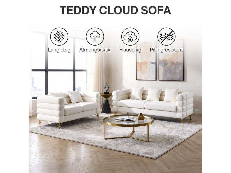  Canapé nuage blanc en tissu bouclette, 205,7 x 81 x 71 cm, pieds en métal doré, coussins décoratifs, dossier ondulé  - Conforama B