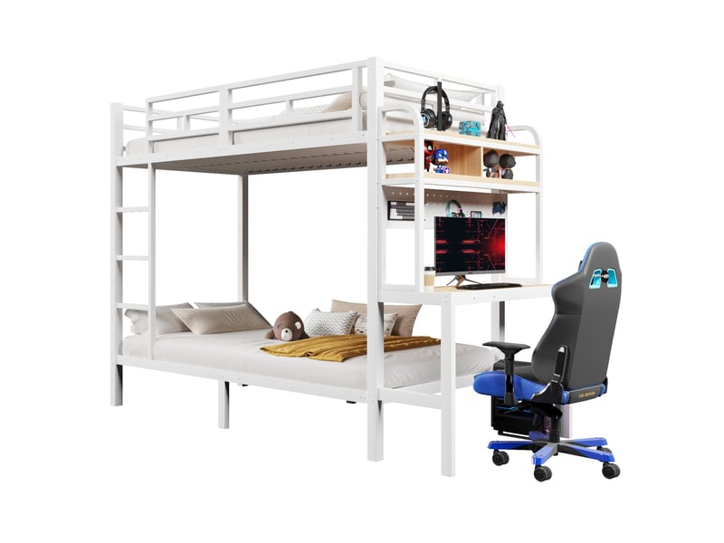  Lit superposé enfant 90 x 200 cm avec bureau, led, usb, métal et mdf, blanc  - Conforama A