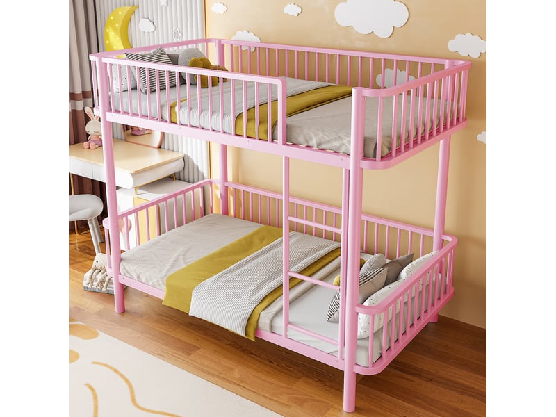  Lit superposé métallique 90x200 cm coins arrondis pieds surélevés barrière de sécurité gain de place noir rose  - Conforama B