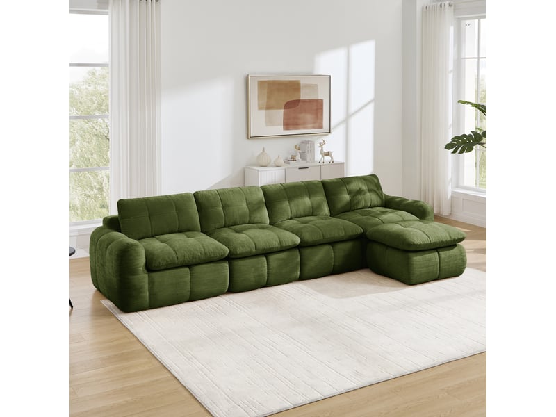 Canapé d’angle modulable 4 places en chenille vert – 334 x 160 x 68 cm Fay Lum - Conforama D