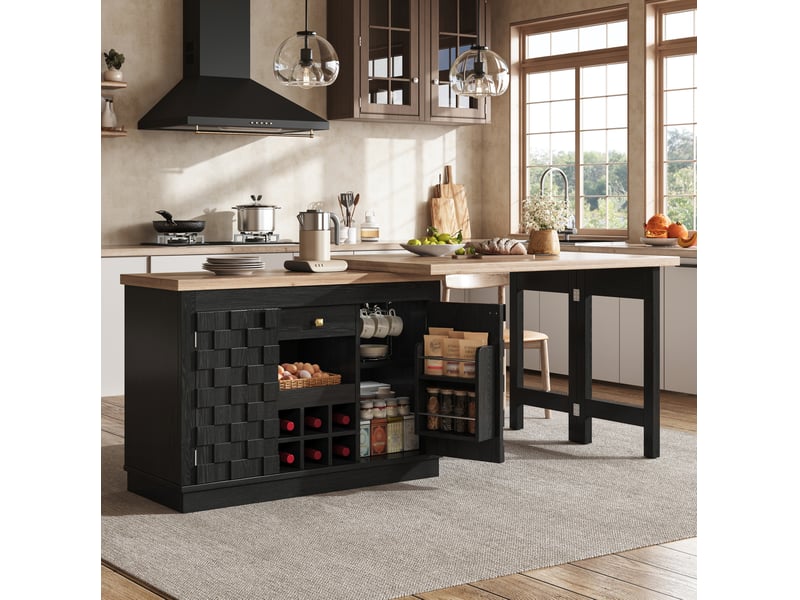  Desserte de cuisine pivotante avec 2 portes, 1 tiroir et range-bouteilles amovible noire 120–197 × 40 × 74,2 cm  - Conforama B