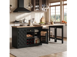 Desserte de cuisine pivotante avec 2 portes, 1 tiroir et range-bouteilles amovible noire 120–197 × 40 × 74,2 cm