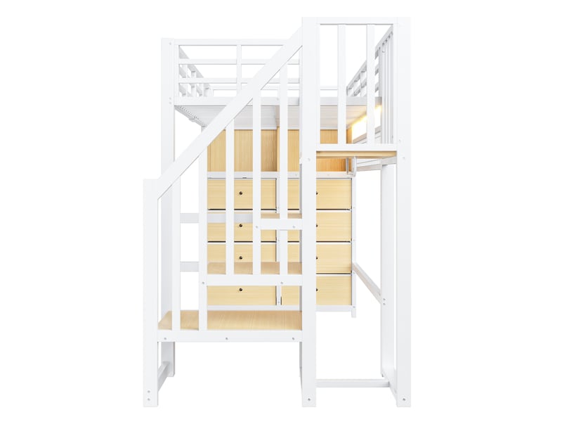  Lit mezzanine 90x200 cm blanc, avec 8 tiroirs, escalier de rangement, penderie, led 7 couleurs, structure métal, sommier inclus, sans matelas  - Conforama E