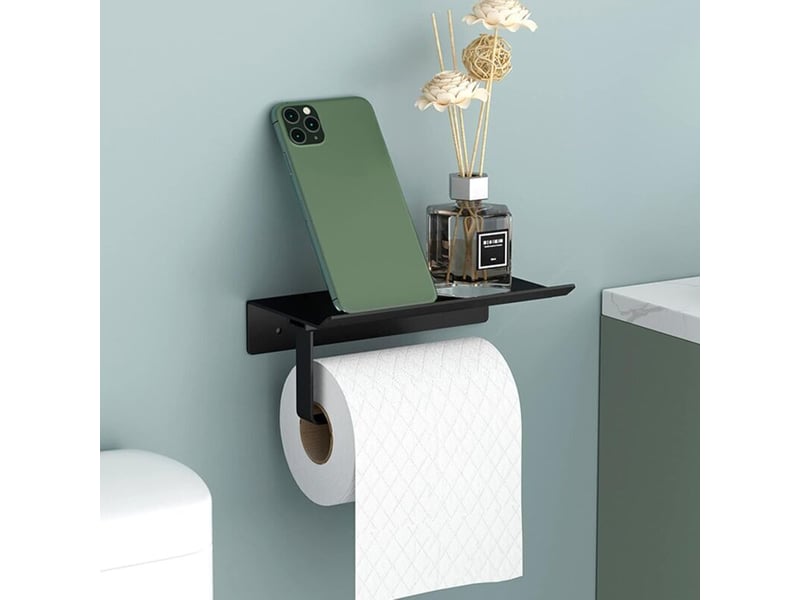  Porte-papier toilette mural en aluminium noir, avec étagère, fixation vis ou adhésif - pour salle de bain &amp; cuisine  - Conforama E