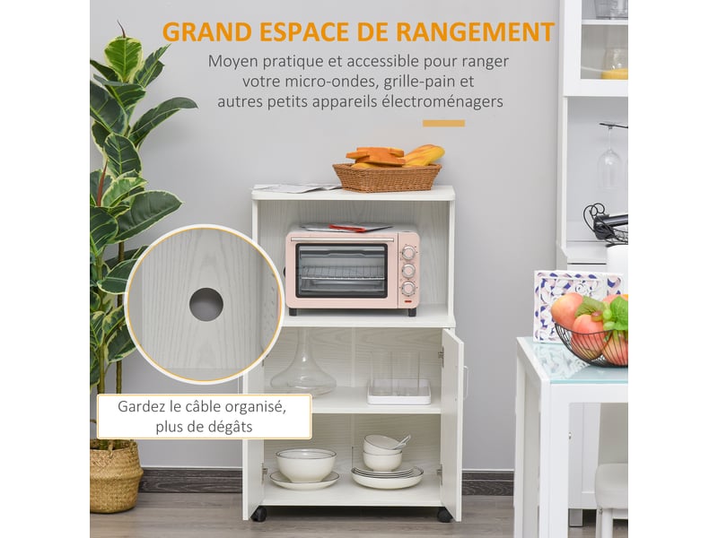  Chariot desserte micro-ondes placard 2 portes - blanc - dim. 60,4l x 40,3l x 97h cm  - Conforama D
