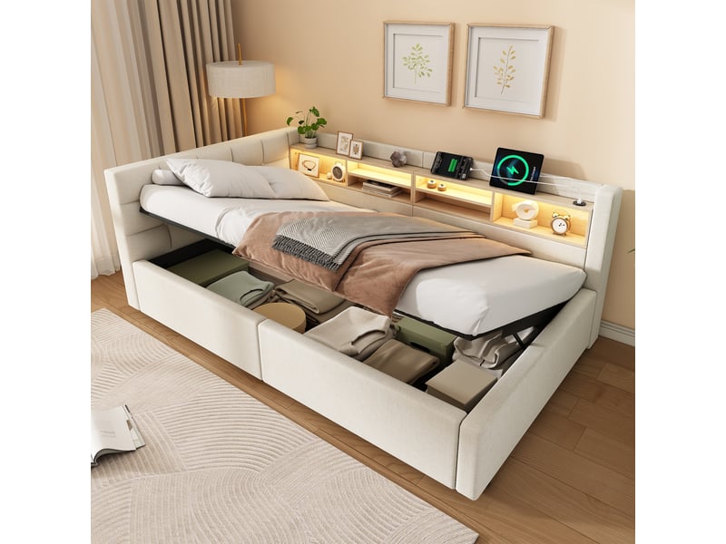  Lit superposé 90x200 cm, lit enfant, couchage d'appoint, rangement hydraulique, étagères, led, port usb, lin beige  - Conforama D