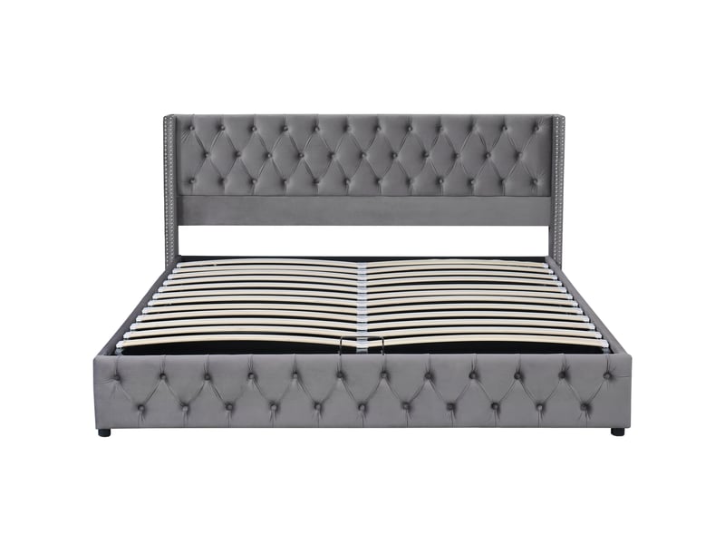  Lit capitonné, lit double 160x200 cm, velours gris  - Conforama C