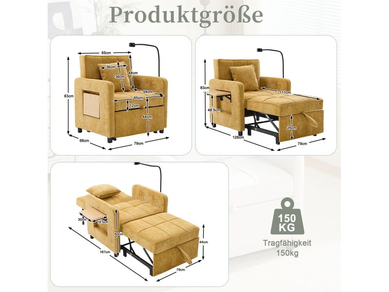  Fauteuil convertible avec dossier 5 positions, rangements et tablette, en chenille jaune moutarde, 167 × 79 × 83 cm  - Conforama D