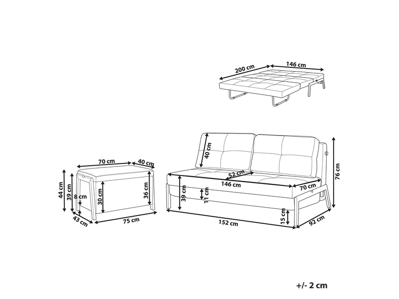 Ensemble de salon 3 places edland tissu noir avec banc  - Conforama C