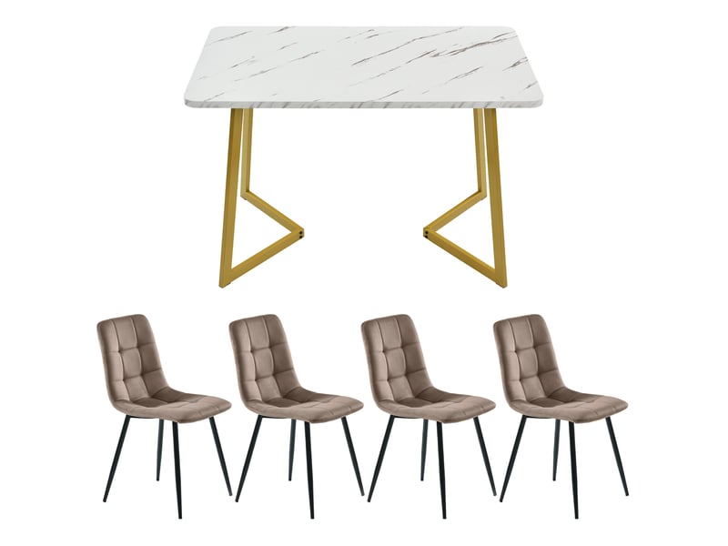 Ensemble table à manger avec 4 chaises, table à manger rectangulaire blanche effet marbre, 117 x 68 cm, pieds dorés  - Conforama E