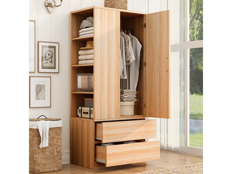 Armoire penderie 70x50x175 cm - 2 tiroirs - étagères ouvertes - rangement chambre - bois et mdf - aspect bois CozyNest - Conforama B