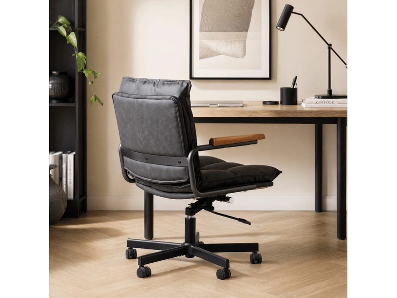 Chaise de bureau ergonomique à roulettes, réglable et pivotante à 360 degrés, accoudoirs en bois, en similicuir noir - Conforama E
