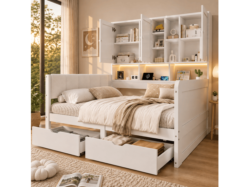 Lit enfant 90 × 200 cm 1 place avec led, usb, usb-c, prise, étagères, placards et 2 tiroirs, sans matelas, blanc - Conforama B