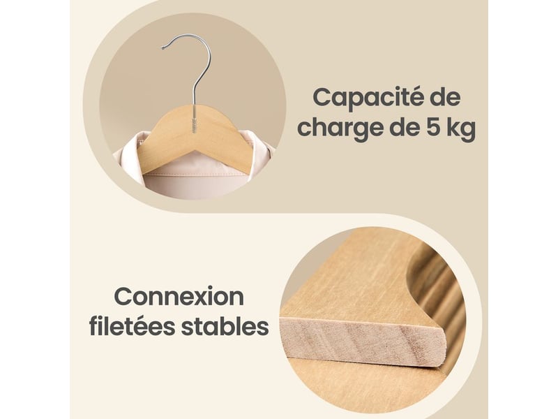  Cintres en bois pour costumes, lot de 50, avec encoches, 43 x 0,8 x 21 cm, naturel  - Conforama C
