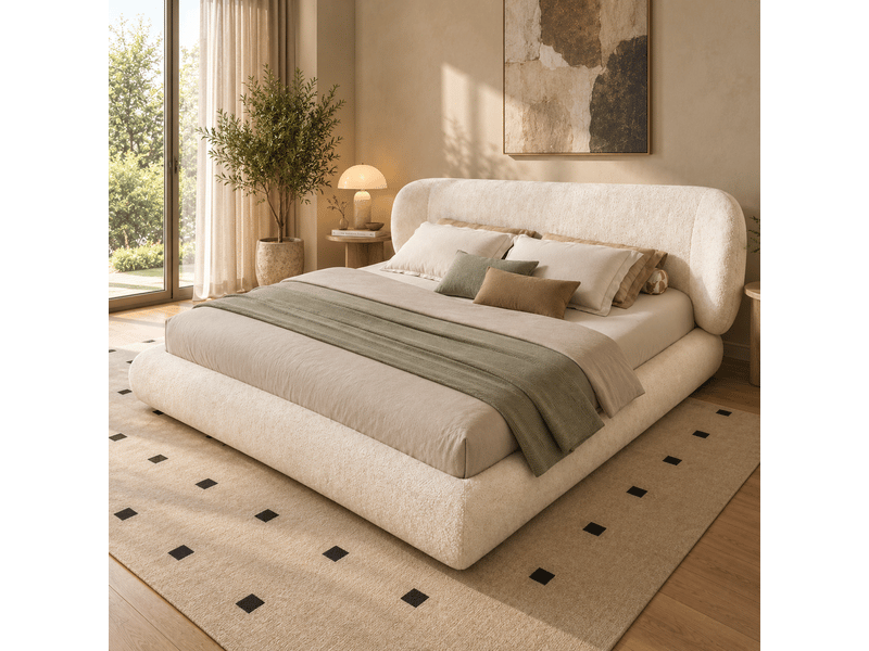 Lit rembourré 140 x 190 cm, lit double avec sommier à lattes, tête de lit, coins arrondis, mousse haute élasticité, cadre en bois, chenille, beige Bliss Lite - Conforama B