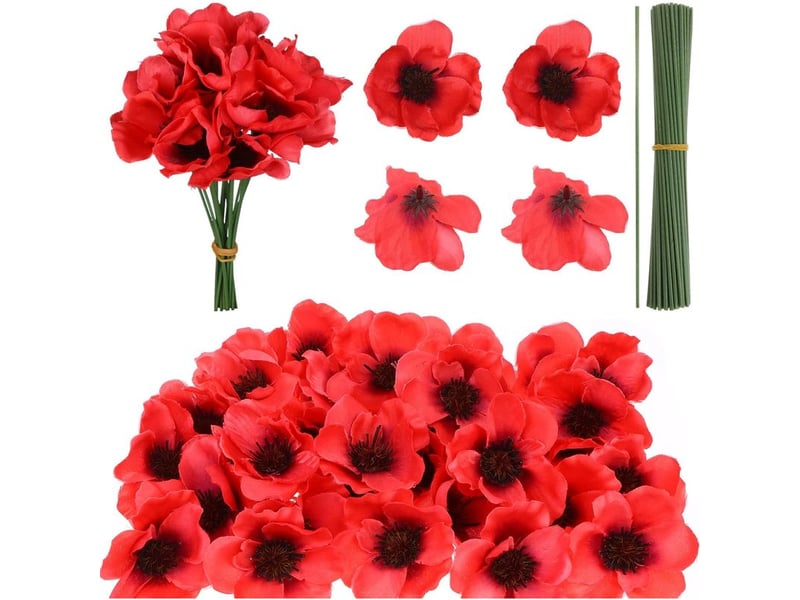 Lot de 60 fleurs de coquelicot artificielles rouges, fausses fleurs pour la fête des morts, coquelicots pour la tête, fleurs sauvages artificielles avec branche de fleur pour bouquet du jour  - Conforama A