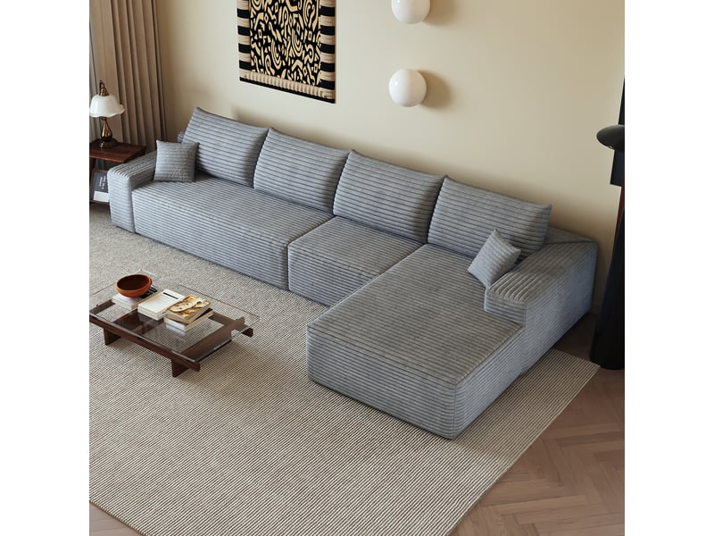  Canapé d'angle modulable 4 places en velours côtelé gris, 340 x 175 x 83 cm, méridienne droite, sans montage, livré compressé, assise profonde CARDUME ESTIVAL - Conforama B