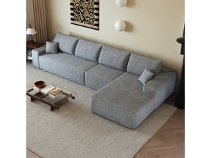 Canapé d'angle modulable 4 places en velours côtelé gris, 340 x 175 x 83 cm, méridienne droite, sans montage, livré compressé, assise profonde