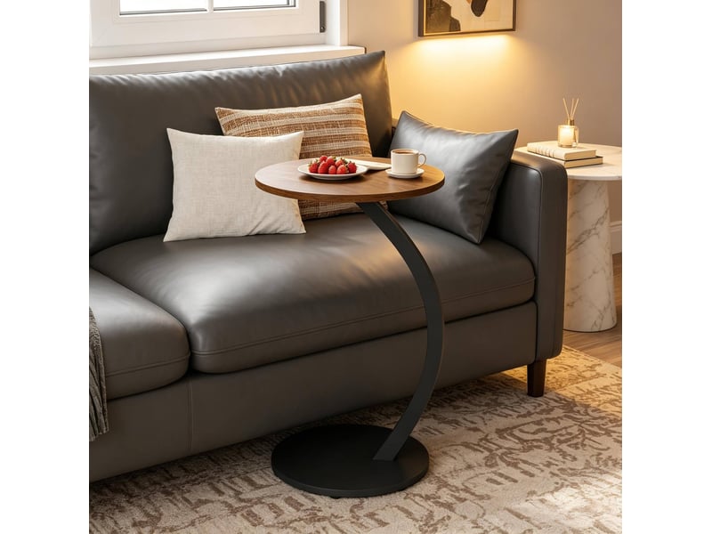  Table basse d'appoint ronde en c avec plateau fixe et patins réglables, style industriel, pour salon, noir et vintage  - Conforama E