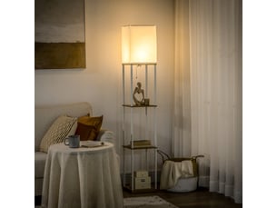 Lampadaire colonne étagère structure métal et bois 3 tablettes abat-jour tissu tirette e27 159 cm