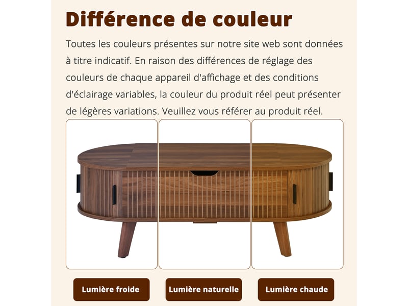  Table basse ovale, plateau relevable, rangement caché, 2 portes coulissantes, 110x50 cm, finition noyer  - Conforama E