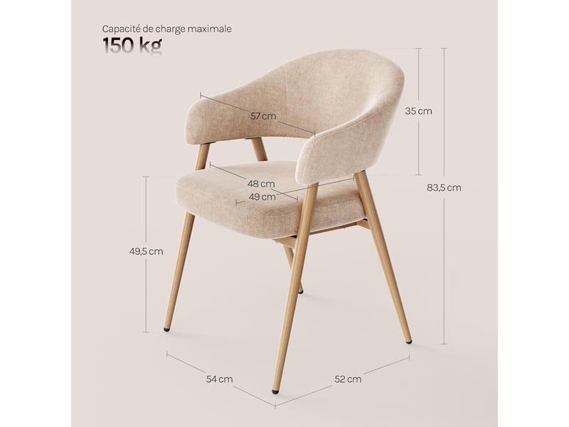  Lot de 6 chaises de salle à manger, accoudoirs incurvés, tissu chenille，beige  - Conforama D