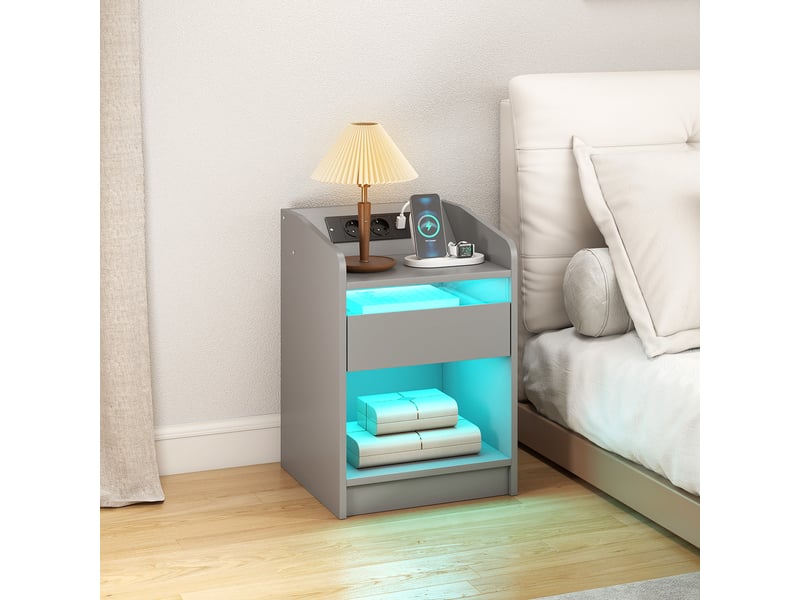 Table de chevet avec station de charge, éclairage led rgb, tiroir, étagère ouverte, ports usb et télécommande, 40 x 40 x 58 cm, grise  - Conforama C