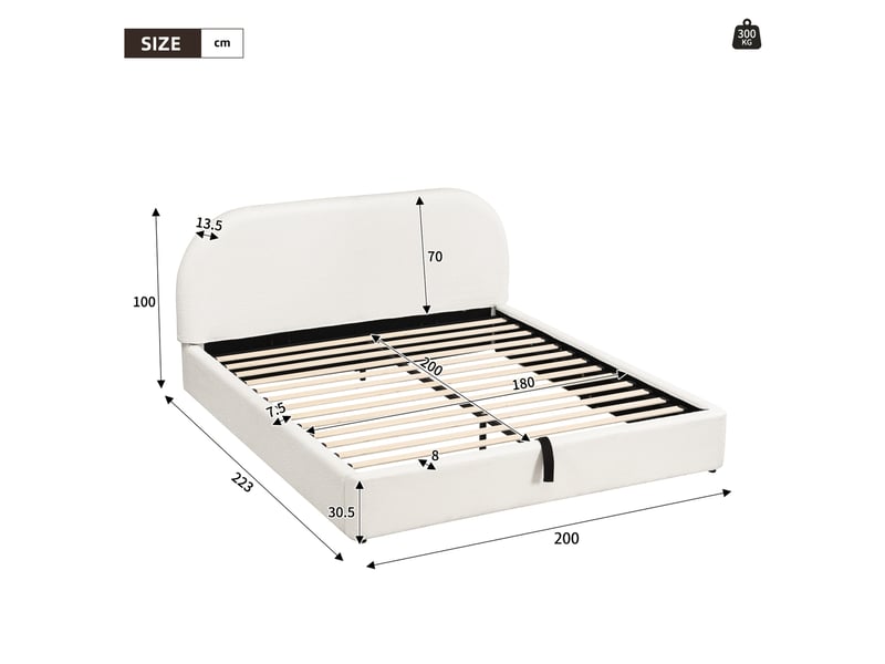  Lit coffre double 180x200 cm, ouverture hydraulique, sommier à lattes, avec matelas, tissu bouclé beige  - Conforama C