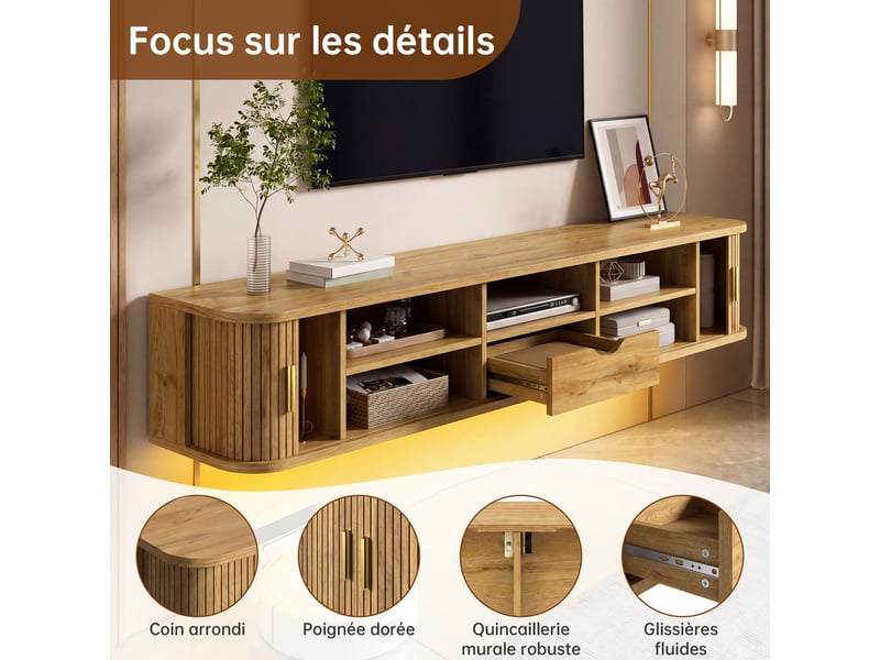  Meuble tv 175x30x30 cm, suspendu, extensible, éclairage led, commande par application, 1 tiroir, mdf pour salon - naturel  - Conforama E